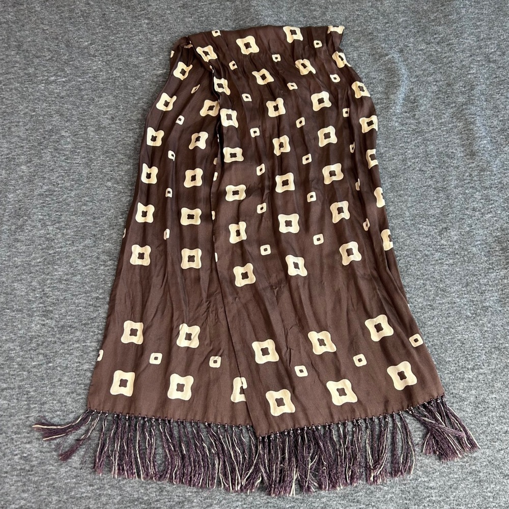 Vintage Finchley New York Chicago Silk Scarf Brown Geometric Fringe Trim 59 Inch